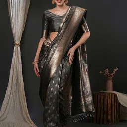 Anouk Grey Ethnic Motifs Woven Design Zari Detailed Banarasi Saree-image-13