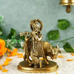 Imli Street Gold Toned Textured Krishna Playing Flute with Cow Brass Idol Showpiece-picture-11