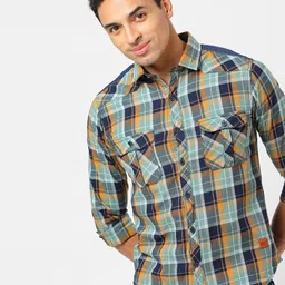 Campus Sutra Green Tartan Checked Classic Spread Collar Cotton Shirt-image-53