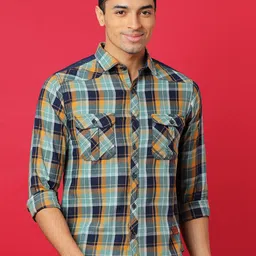 Campus Sutra Green Tartan Checked Classic Spread Collar Cotton Shirt-image-8