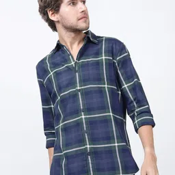 HIGHLANDER Men Navy Blue Slim Fit Windowpane Checks Checked Casual Shirt-picture-26