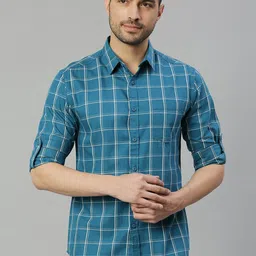 HERE&NOW Premium Slim Fit Windowpane Checks Pure Cotton Casual Shirt-picture-35