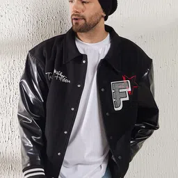 FUGAZEE Black Graphic Printed Woollen Bomber Jacket image 1