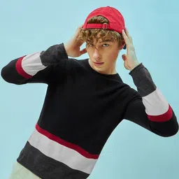 Bewakoof Black & Red Colourblocked Acrylic Flat Knit Pullover Sweater-picture-32