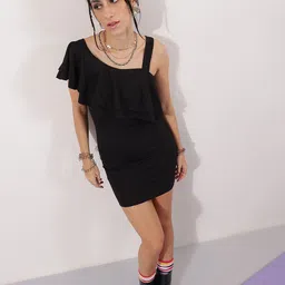 Veni Vidi Vici Women Asymmetric Neck Flutter Sleeve Sheath Dress-image-84