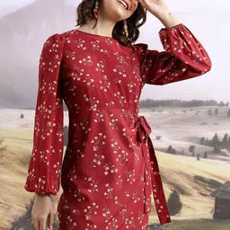Tokyo Talkies Maroon & White Floral Printed Puff Sleeve Sheath Dress-image-72