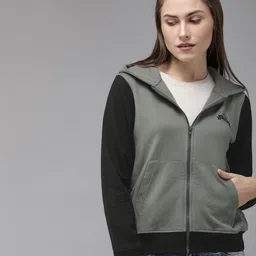 Roadster GreenTurn Women Grey & Black Solid Hooded Sustainable Sweatshirt-image-21