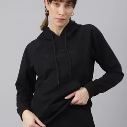 Fitkin Women Black Fleece Regular Fit Hooded Sweatshirt-picture-27