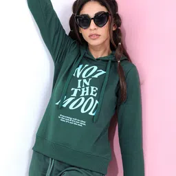 Tokyo Talkies Women Green Printed Hooded Sweatshirt-image-80