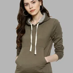 Campus Sutra Women Olive Green Solid Hooded Cotton Sweatshirt-image-2