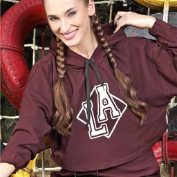 Sera Women Burgundy Printed Hooded Sweatshirt-image-32