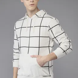 Campus Sutra Men White & Black Checked Cotton Hooded Sweatshirt-picture-38