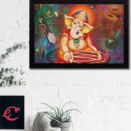 eCraftIndia Orange & Green Lord Ganesha Playing Dholak Satin Matt Texture UV Wall Art-picture-23