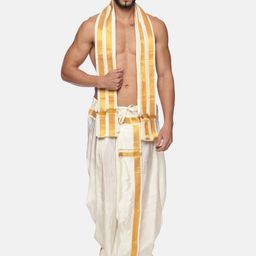 Sethukrishna Men Cream and Gold-Toned Solid Dhoti With Angavastram-picture-0