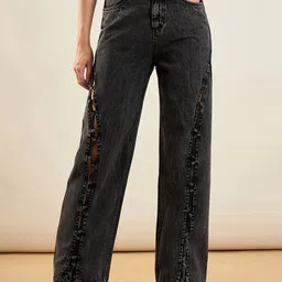 SASSAFRAS Women Straight Fit High-Rise Mildly Distressed Acid Wash Stretchable Jeans-picture-37