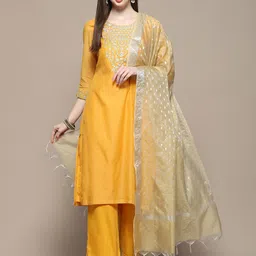 Biba Ethnic Motifs Yoke Design Regular Thread Work Kurta with Palazzos & Dupatta-picture-11