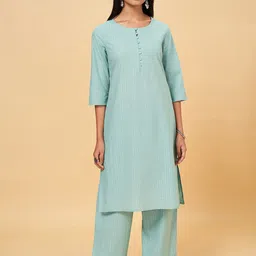 RANGMANCH BY PANTALOONS Women Green Striped Pure Cotton Kurta with Palazzos-picture-12