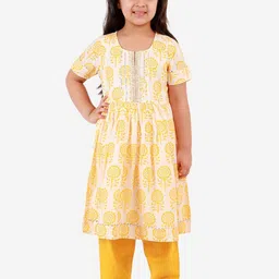 LIL DRAMA Girls Floral Printed Empire Pure Cotton Kurta with Pyjamas-picture-10