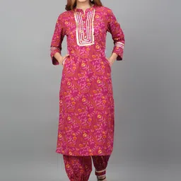 Kamayra Floral Printed Regular Pure Cotton Kurta with Salwar-image-3