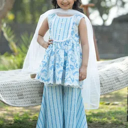 VASTRAMAY Girls Floral Printed Round Neck Pure Cotton Kurta with Sharara & With Dupatta-image-72