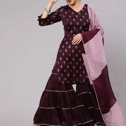 Jaipur Kurti Women Maroon Ethnic Motifs Printed Kurta & Sharara With Dupatta-picture-10