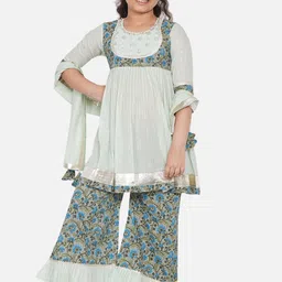 Little Bansi Girls Green & Blue Floral Zardozi Pleated Kurta with Palazzos & Dupatta-picture-53