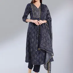 MADHURAM Women Navy Blue Ethnic Motifs Printed Angrakha Kurta with Trousers & With Dupatta-picture-35