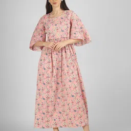 BAESD Floral Printed Round Neck Flared Sleeve Gathered Cotton Maternity Maxi Dress-picture-32