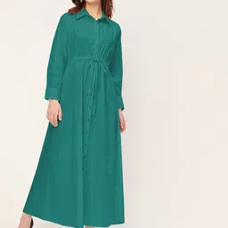 Moomaya Long Sleeves Shirt Collar A-Line Maxi Dress-picture-43