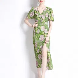 JC Collection Tropical Printed Cut-Outs Puff Sleeves A-Line Dress-image-0