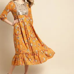 RANGMAYEE Mustard Yellow & Red Ethnic Motifs A-Line Midi Dress-image-16