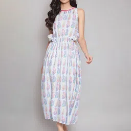 W Blue Floral Omplalodes printed dress with cut-outs waist and gathers.-picture-21