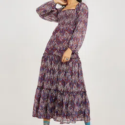 Styli Women Maroon & Blue Balloon Sleeves Paisley Print A-Line Maxi Dress-picture-22