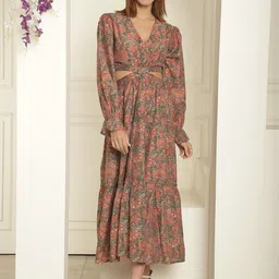 KALINI Floral Printed V-Neck Puff Sleeve Cut Out Silk Maxi Dress-picture-17