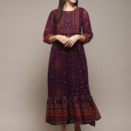Biba Ethnic Motifs Printed Tie-Up Neck Sequinned Detailed A-Line Midi Ethnic Dress-image-76