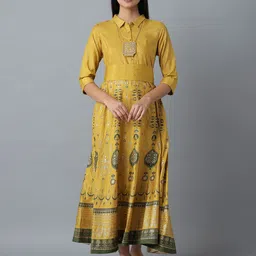 W Mustard Yellow Ethnic Motifs Printed Maxi Dress-image-6