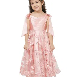 TIC TAC TOE Girls Peach-Coloured Floral Feather Maxi Dress image 1