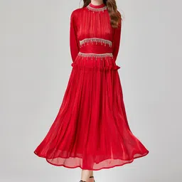 JC Collection High Neck Puff Sleeves Embellished Detail Midi Dress-picture-26