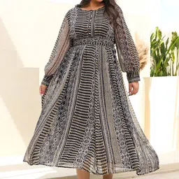 Juniper Plus Size Black Ethnic Printed Fit and Flare Maxi Ethnic Dress image 1