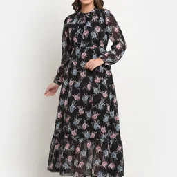 KALINI Floral Printed Tie-Up Neck Puff Sleeves Georgette Fit and Flare Dress-image-9