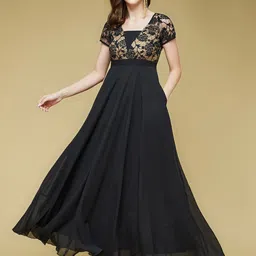 DressBerry Black Raglan Sleeves Lace Overlaid Georgette Maxi Fit & Flare Dress-picture-12