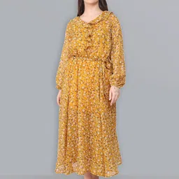 Baawri Floral Print Round Neck Long Puff Sleeve Ruffled Maxi Dress-image-72