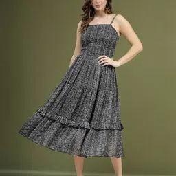 plusS Black Abstract Printed Shoulder Straps Smocked Fit and Flare Midi Dress image 1