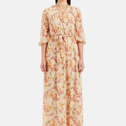 Kazo Yellow Floral Printed Wrap Maxi Dress-picture-18