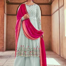 ODETTE Ethnic Motifs Embroidered Empire Sequinned Semi Stitched Kurta Set-image-8