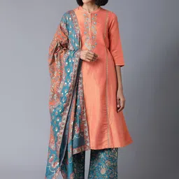 AURELIA Women Peach-Coloured Printed Panelled Kurta with Palazzos & With Dupatta-picture-38
