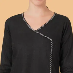 Brownverse Thread Work V-Neck Khadi Cotton Angrakha Design Kurta image 2