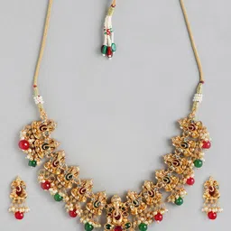 MANSIYAORANGE Gold-Plated Kempu Gemstone-Studded Lord Ganesha Temple Jewellery Set-image-11