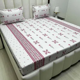 Pure Decor White & Pink Ethnic Motifs 330 TC Queen Bedsheet with 2 Pillow Covers-picture-13