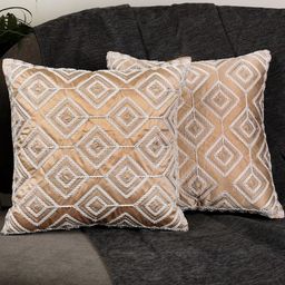 MONKDECOR Beige & White Set of 2 Embellished Satin Square Cushion Covers-picture-8